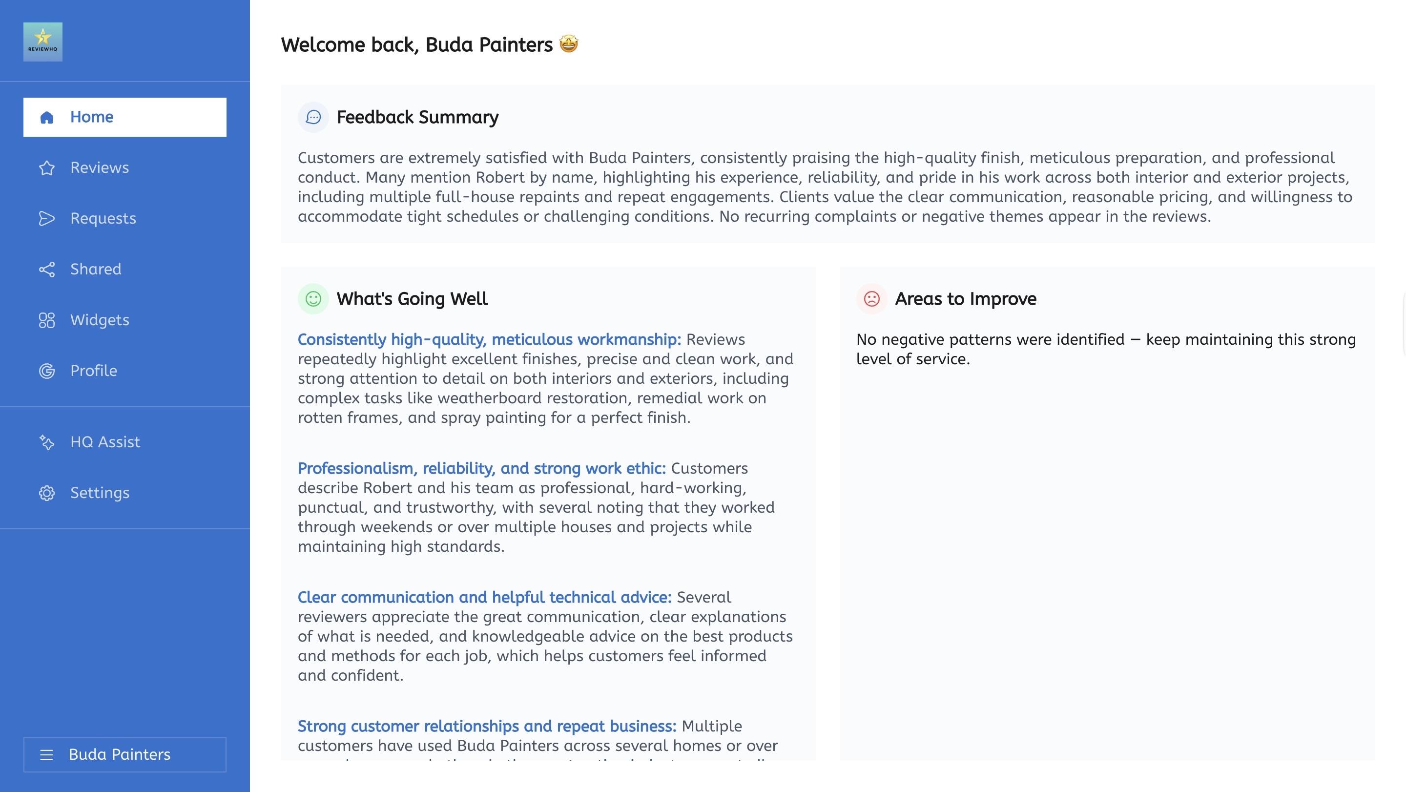 ReviewHQ AI analysis showing feedback summary and what's going well for a New Zealand business