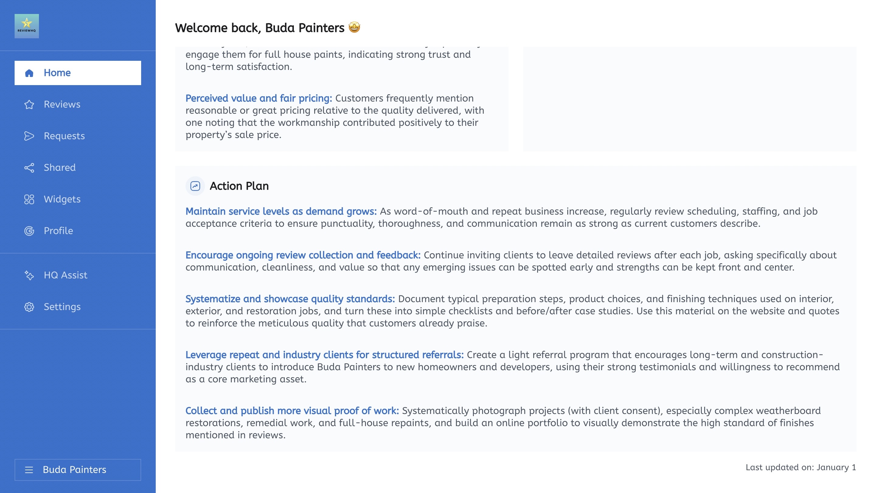 ReviewHQ AI analysis showing action plan recommendations for a New Zealand business